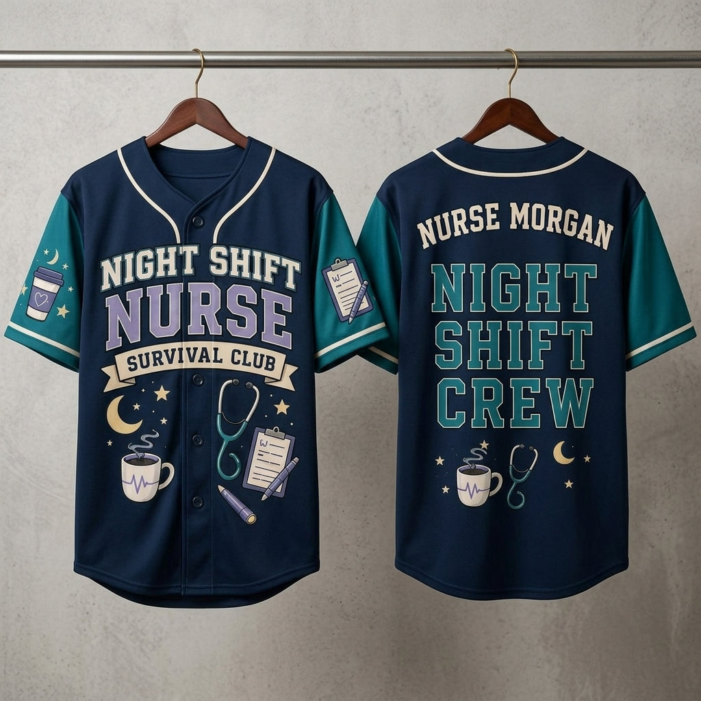 Personalized Night Shift Nurse Survival Club Baseball Jersey - Custom Name Nursing Crew Gift