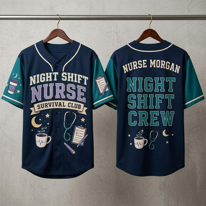 Personalized Night Shift Nurse Survival Club Baseball Jersey - Custom Name Nursing Crew Gift