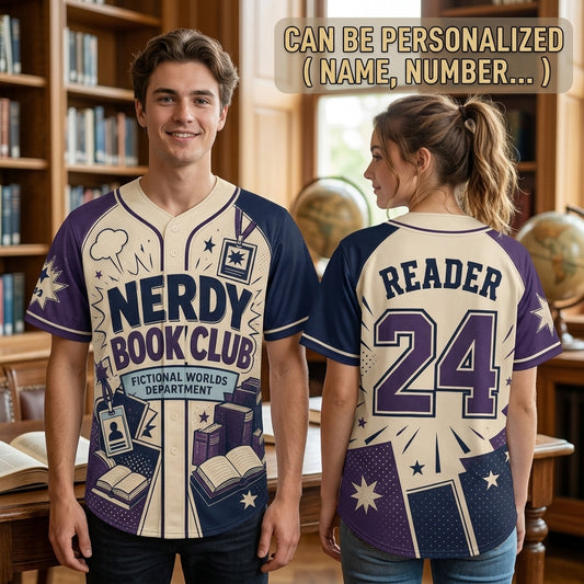 Personalized Nerdy Book Club Baseball Jersey - Custom Name and Number Fictional Worlds Reader Gift