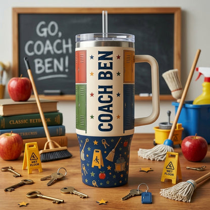 Personalized Hall Hero 40oz Tumbler with Handle, Custom Name School Custodian and Staff Gift