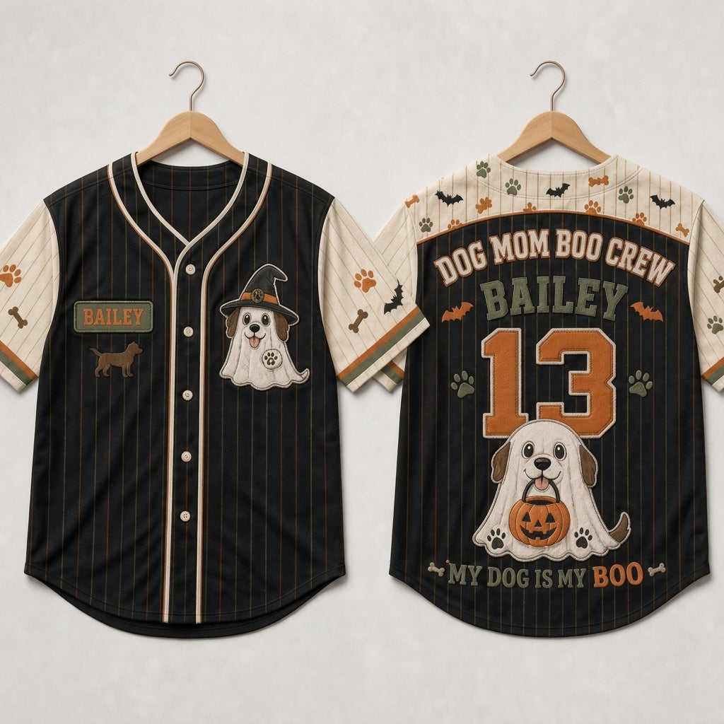 Personalized Dog Mom Boo Crew Baseball Jersey - Custom Name and Number Spooky Ghost Dog Halloween Shirt