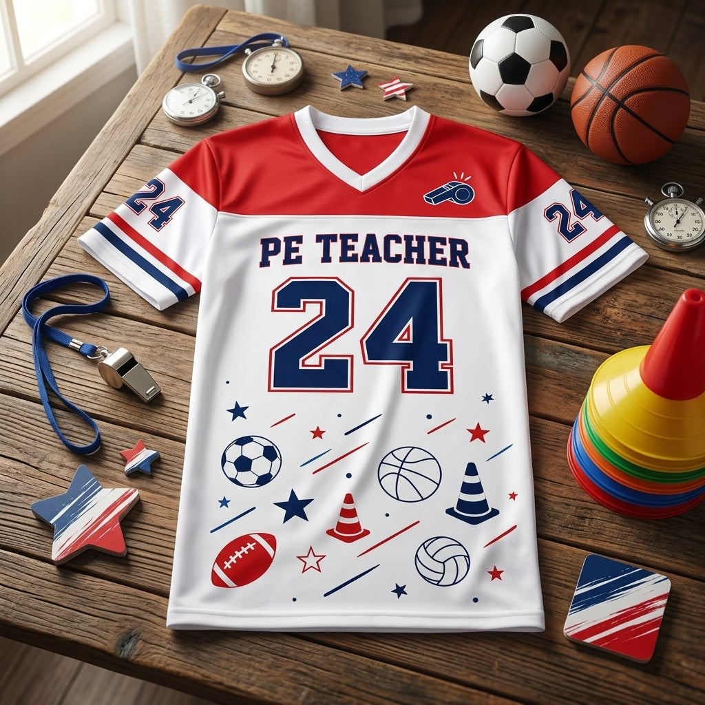 Personalized PE Teacher Mesh Football Jersey - Custom Name and Number Coach Game Day Shirt