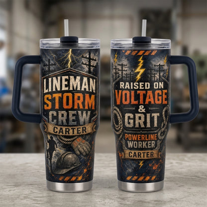 Personalized Lineman Storm Crew 40oz Tumbler with Handle, Custom Powerline Worker Gift