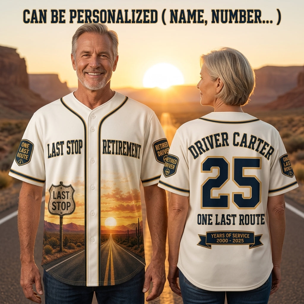 Personalized Driver Retirement Baseball Jersey - Custom Name & Years of Service Last Stop Gift