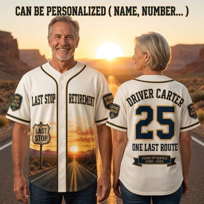 Personalized Driver Retirement Baseball Jersey - Custom Name & Years of Service Last Stop Gift