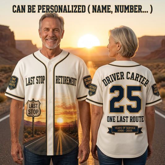 Personalized Driver Retirement Baseball Jersey - Custom Name & Years of Service Last Stop Gift