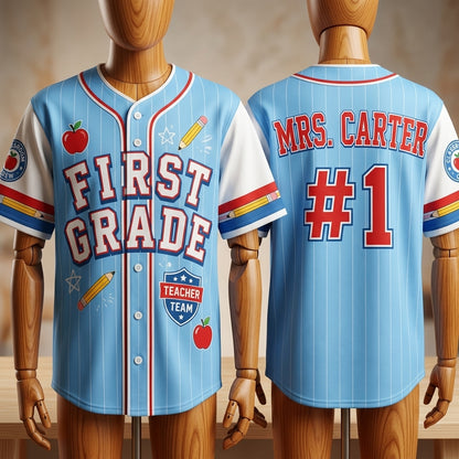 Personalized First Grade Teacher Baseball Jersey - Custom Name Back to School Outfit - Light Blue Pinstripe Teacher Team Apparel