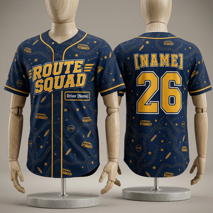 Personalized School Bus Driver Route Squad Baseball Jersey - Custom Name and Number Navy Gold Uniform