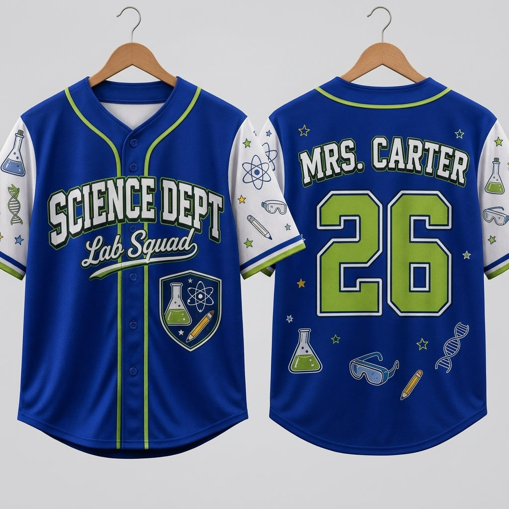 Personalized Science Teacher Baseball Jersey - Custom Name and Number Lab Squad STEM Gift