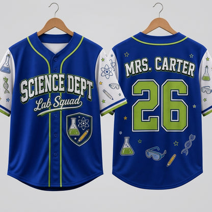 Personalized Science Teacher Baseball Jersey - Custom Name and Number Lab Squad STEM Gift