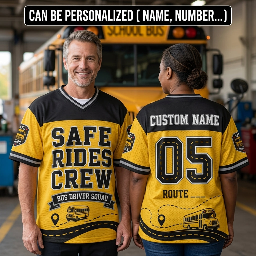 Personalized Bus Driver Safe Rides Crew Football Jersey - Custom Name & Route Squad Shirt