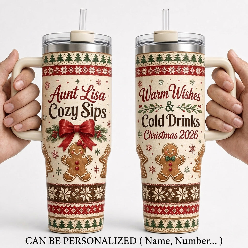 Personalized Christmas Gingerbread 40oz Tumbler with Handle, Custom Name Holiday Gift for Aunt