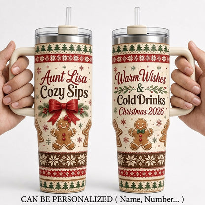 Personalized Christmas Gingerbread 40oz Tumbler with Handle, Custom Name Holiday Gift for Aunt