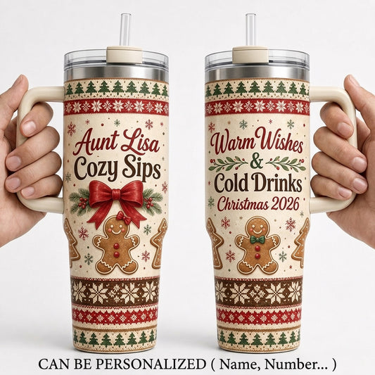Personalized Christmas Gingerbread 40oz Tumbler with Handle, Custom Name Holiday Gift for Aunt