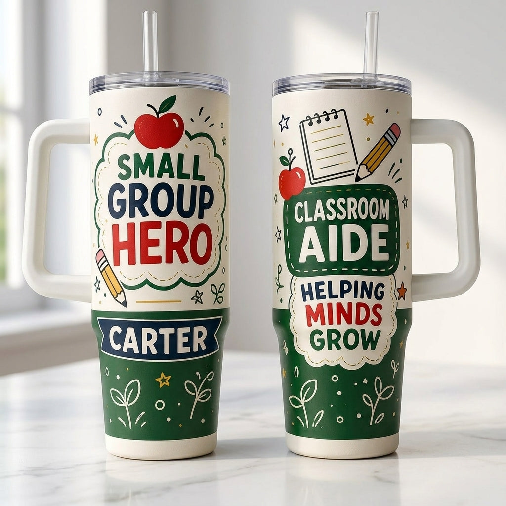 Personalized Classroom Aide 40oz Tumbler with Handle - Custom Name Small Group Hero Teacher Assistant Gift