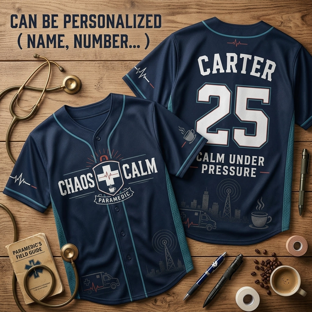 Personalized Paramedic Baseball Jersey - Custom Name and Number Chaos to Calm EMS First Responder Gift