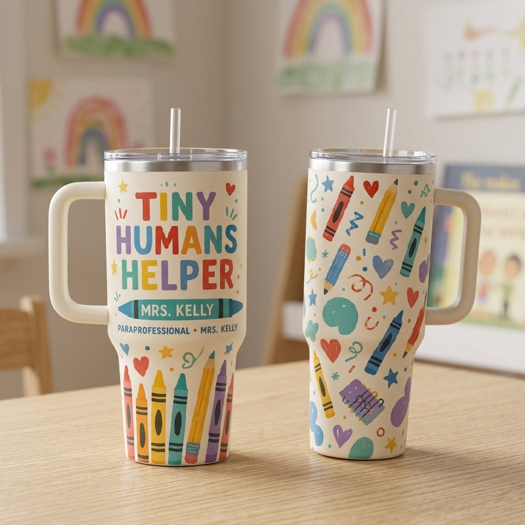Personalized Tiny Humans Helper 40oz Tumbler with Handle - Custom Name Teacher & Paraprofessional Gift