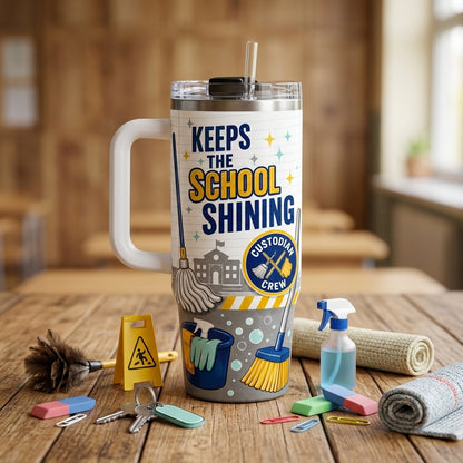 Personalized Custodian 40oz Tumbler with Handle - Keeps The School Shining Custom Name Janitor Gift - 40oz tumbler mockup 3