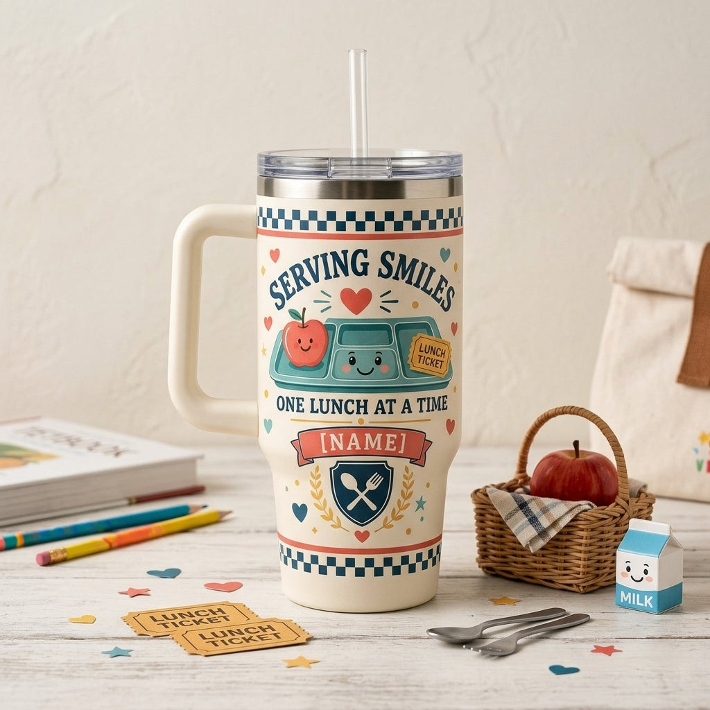 Personalized Serving Smiles One Lunch At A Time 40oz Tumbler with Handle - Custom Lunch Lady Appreciation Gift - 40oz tumbler mockup 3