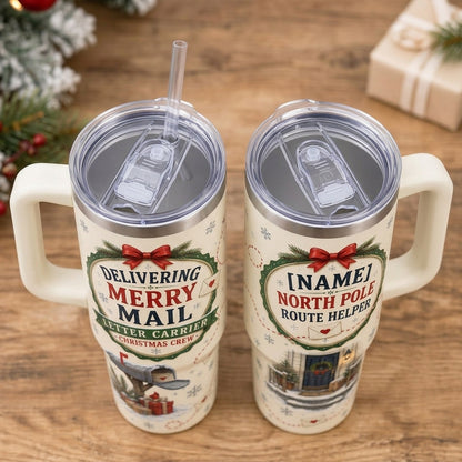 Personalized Delivering Merry Mail 40oz Tumbler with Handle - Custom Postal Worker Christmas Gift North Pole Route Helper