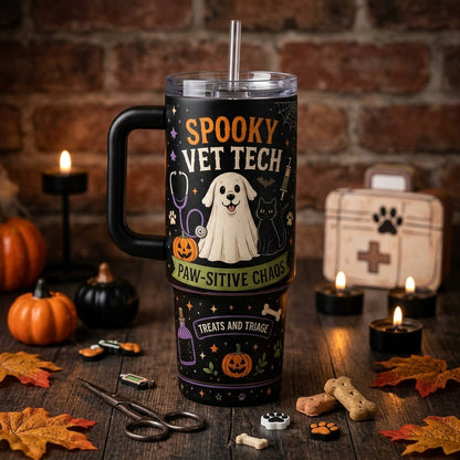 Personalized Spooky Vet Tech 40oz Tumbler with Handle - Custom Name Halloween Veterinary Gift