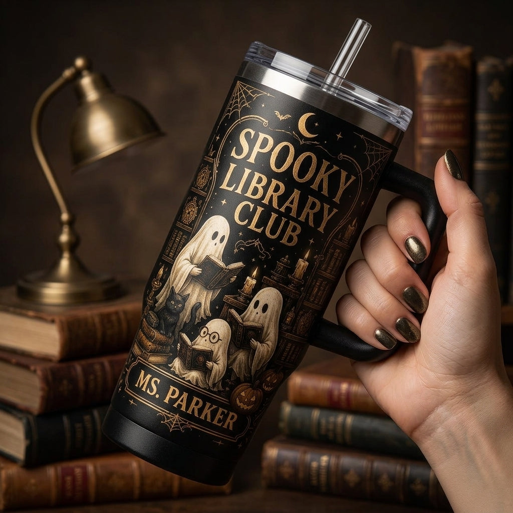 Personalized Spooky Library Club 40oz Tumbler with Handle - Custom Name Ghost Bookworm Gift for Librarians & Teachers
