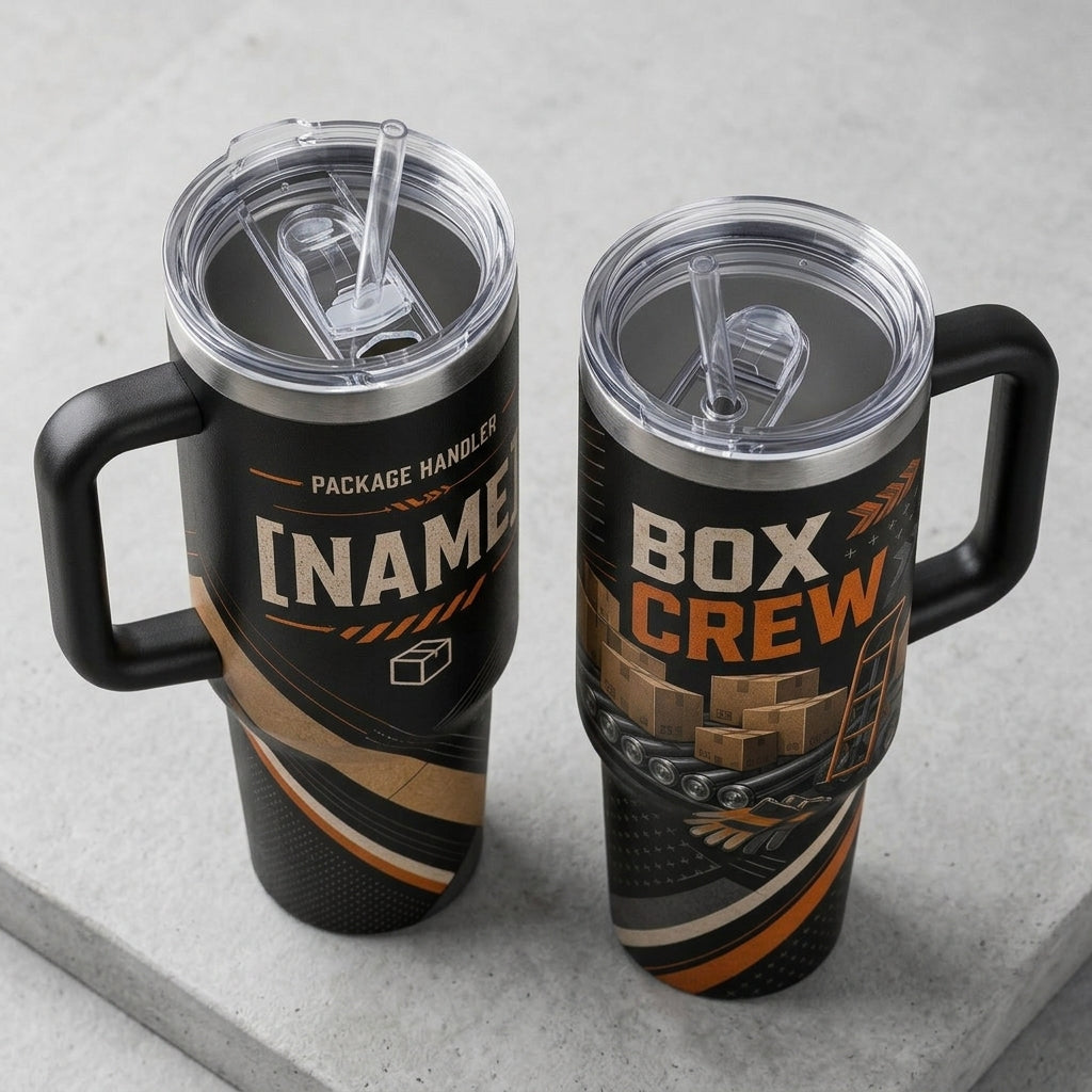Personalized Package Handler Box Crew 40oz Tumbler with Handle - Custom Name Gift for Warehouse Workers - 40oz tumbler mockup 5