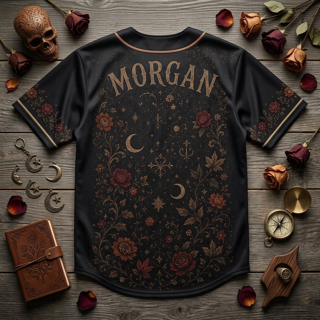 Personalized Gothic Floral Skull Baseball Jersey - Custom Name Dark Aesthetic Roses & Moon Sporty Button Down