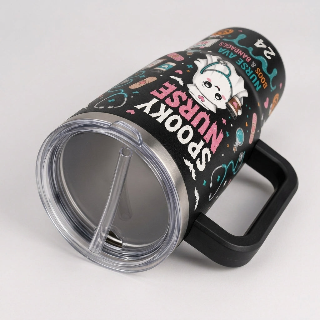 Personalized Spooky Nurse Halloween 40oz Tumbler with Handle - Custom Name Ghost Nurse Boos & Bandages Travel Mug