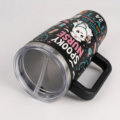 Personalized Spooky Nurse Halloween 40oz Tumbler with Handle - Custom Name Ghost Nurse Boos & Bandages Travel Mug