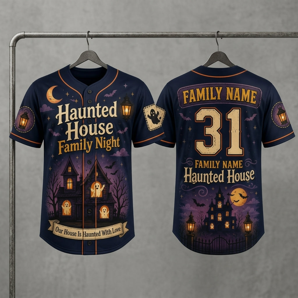 Personalized Haunted House Family Night Baseball Jersey - Custom Spooky Halloween Family Team Uniform