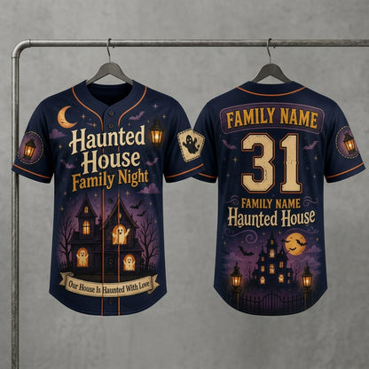 Personalized Haunted House Family Night Baseball Jersey - Custom Spooky Halloween Family Team Uniform