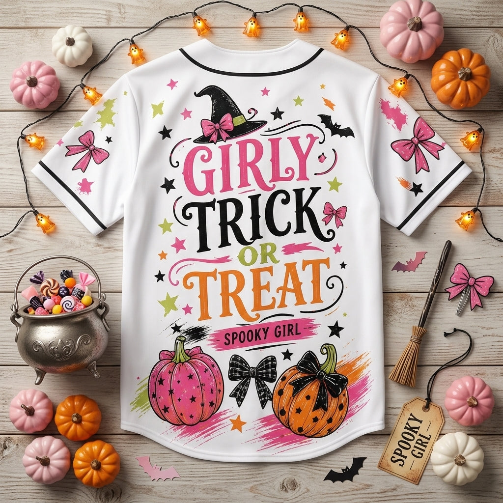 Personalized Girly Trick or Treat Halloween Baseball Jersey - Cute Ghost & Pink Pumpkin Spooky Girl Button Up