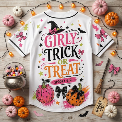 Personalized Girly Trick or Treat Halloween Baseball Jersey - Cute Ghost & Pink Pumpkin Spooky Girl Button Up