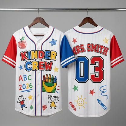 Personalized Kinder Crew Teacher Baseball Jersey - Custom Name & Number Back to School Gift