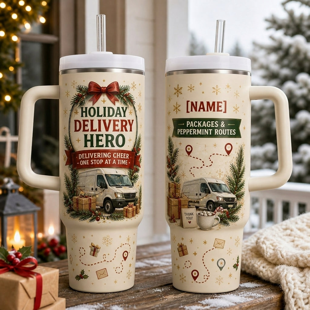 Personalized Holiday Delivery Hero 40oz Tumbler with Handle - Custom Name Christmas Gift for Drivers