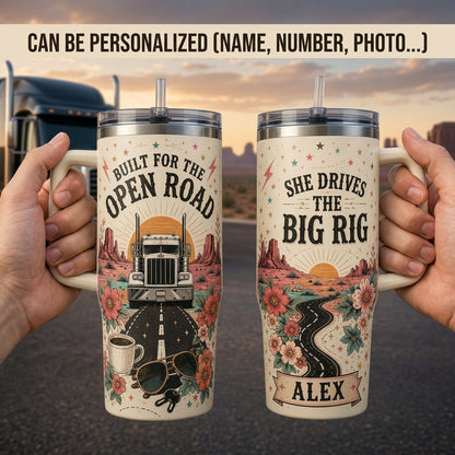 Personalized She Drives the Big Rig 40oz Tumbler with Handle, Custom Name Female Trucker Gift