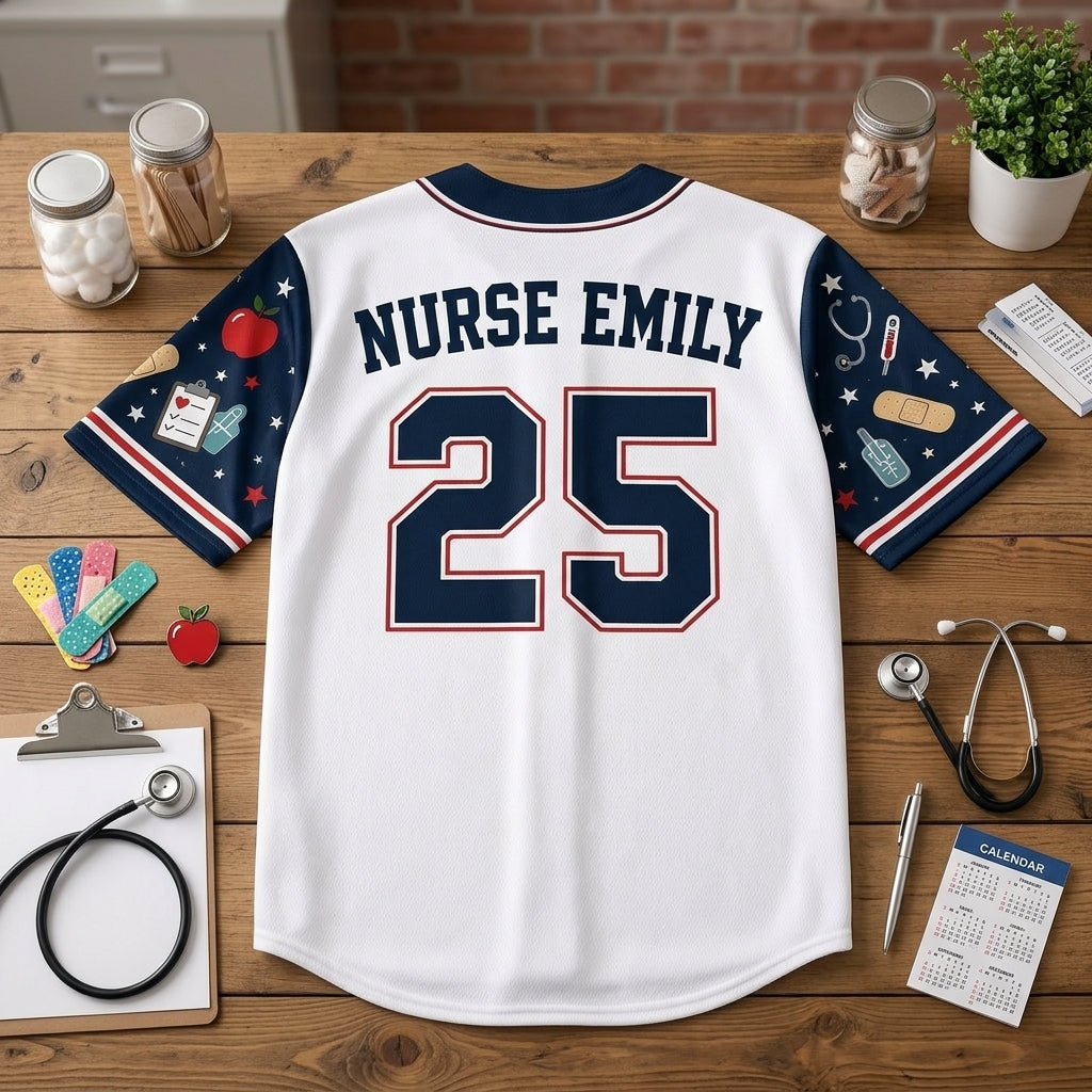 Personalized School Nurse Baseball Jersey - Custom Health Office MVP Shirt - Customizable Name & Number Gift