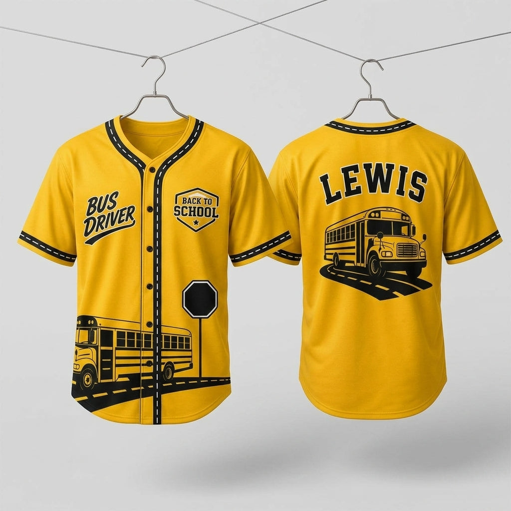 Personalized School Bus Driver Baseball Jersey - Custom Name Back to School Yellow Athletic Shirt