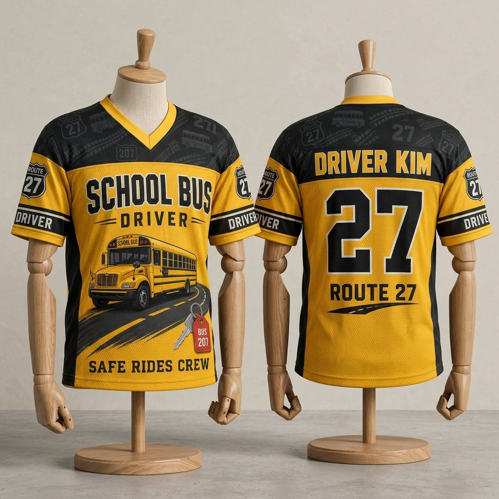 Personalized School Bus Driver Football Jersey - Custom Name & Number Safe Rides Crew Mesh Sportswear