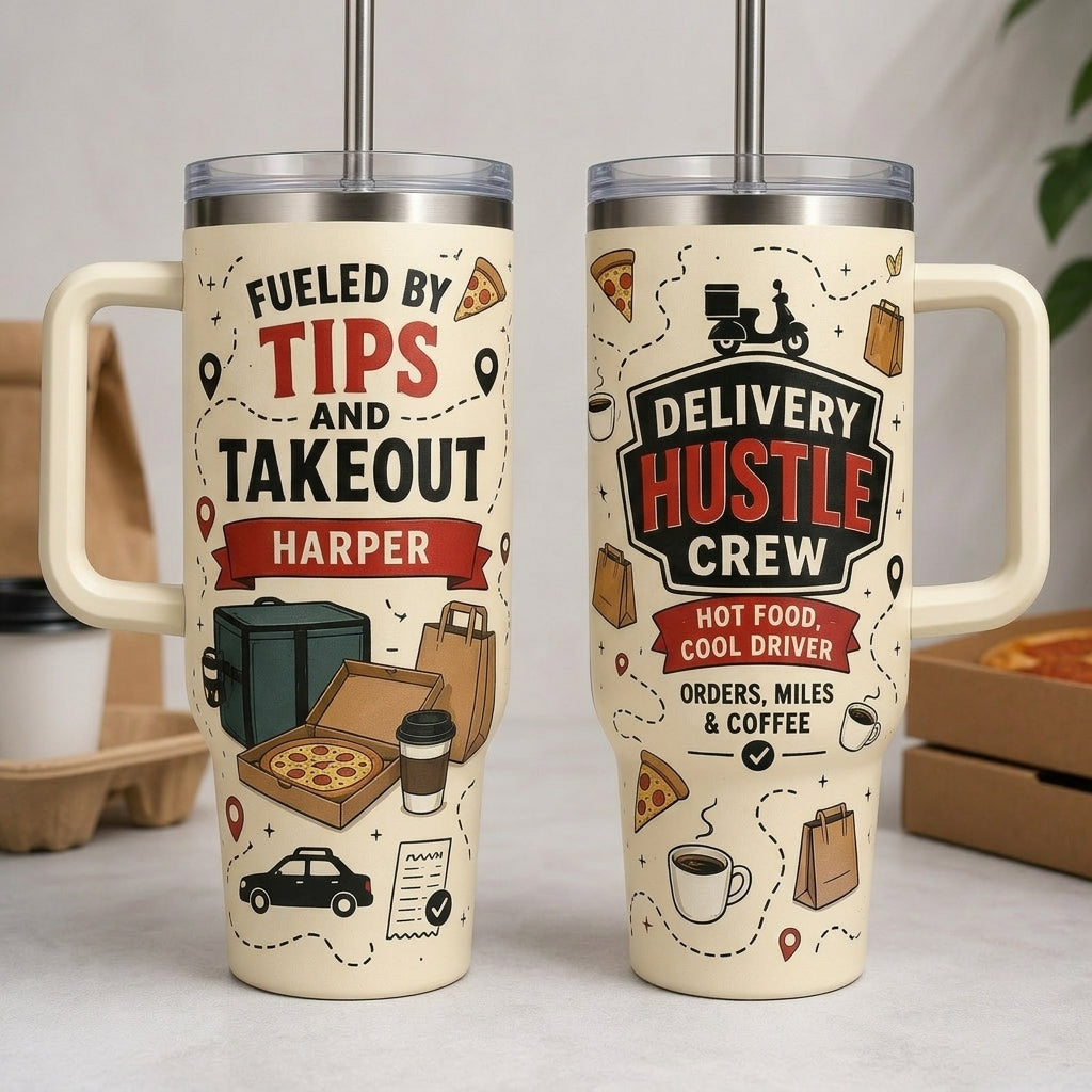 Personalized Delivery Driver 40oz Tumbler with Handle - Custom Hustle Crew Name Gift