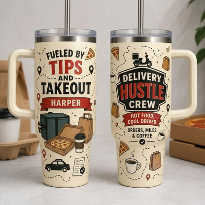 Personalized Delivery Driver 40oz Tumbler with Handle - Custom Hustle Crew Name Gift