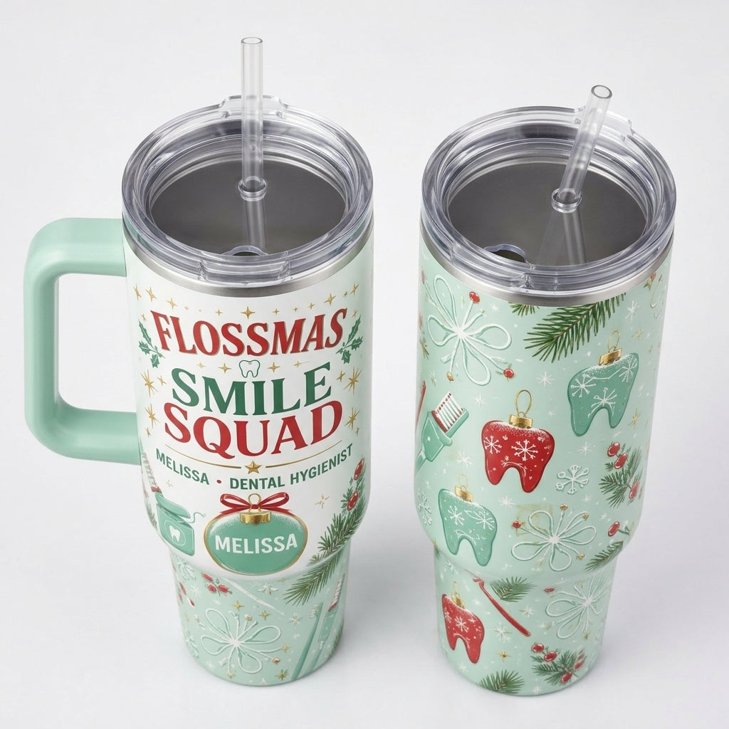 Personalized Flossmas Smile Squad 40oz Tumbler with Handle, Custom Dental Hygienist Christmas Gift