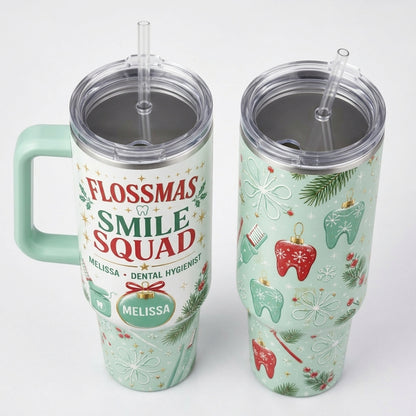 Personalized Flossmas Smile Squad 40oz Tumbler with Handle, Custom Dental Hygienist Christmas Gift