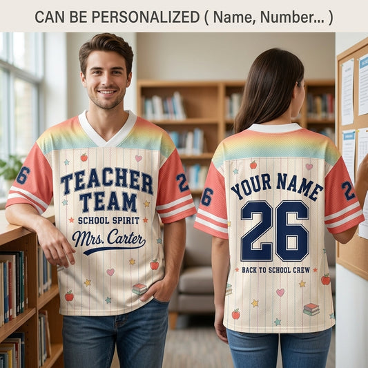 Personalized Teacher Team Football Jersey - Custom Name & Number Back to School Spirit Mesh Shirt