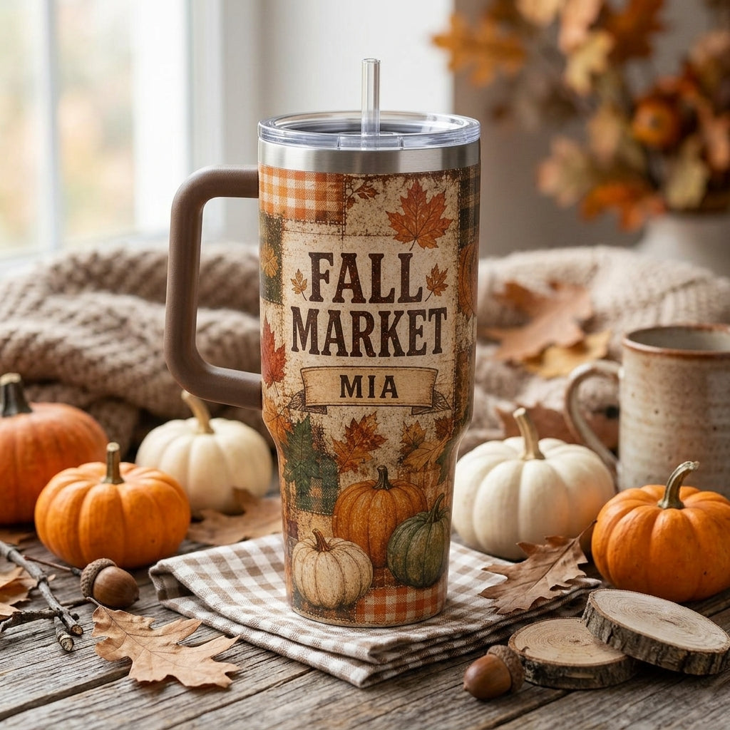Personalized Fall Market 40oz Tumbler with Handle - Custom Name Autumn Leaves Pumpkin Patchwork Travel Mug