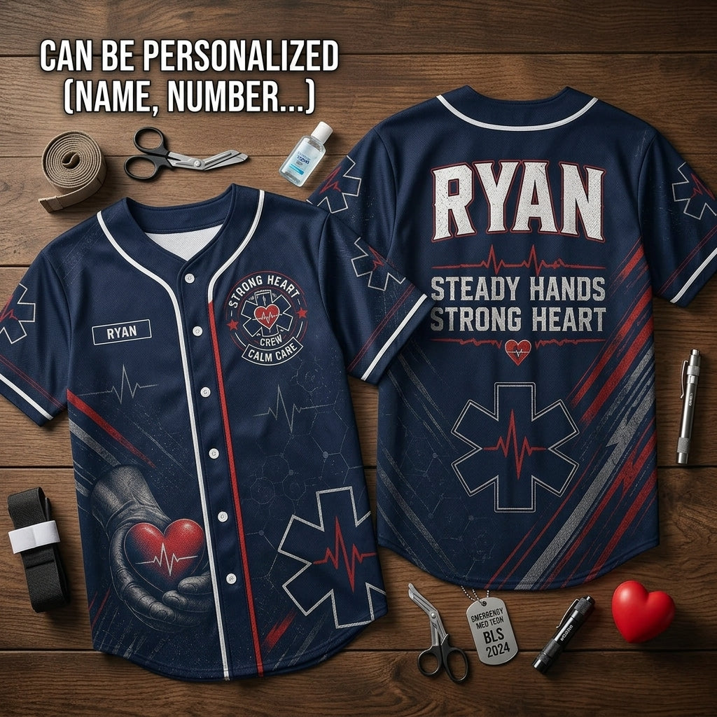 Personalized EMS Paramedic Baseball Jersey - Custom Name First Responder Uniform - Steady Hands Strong Heart Navy Shirt