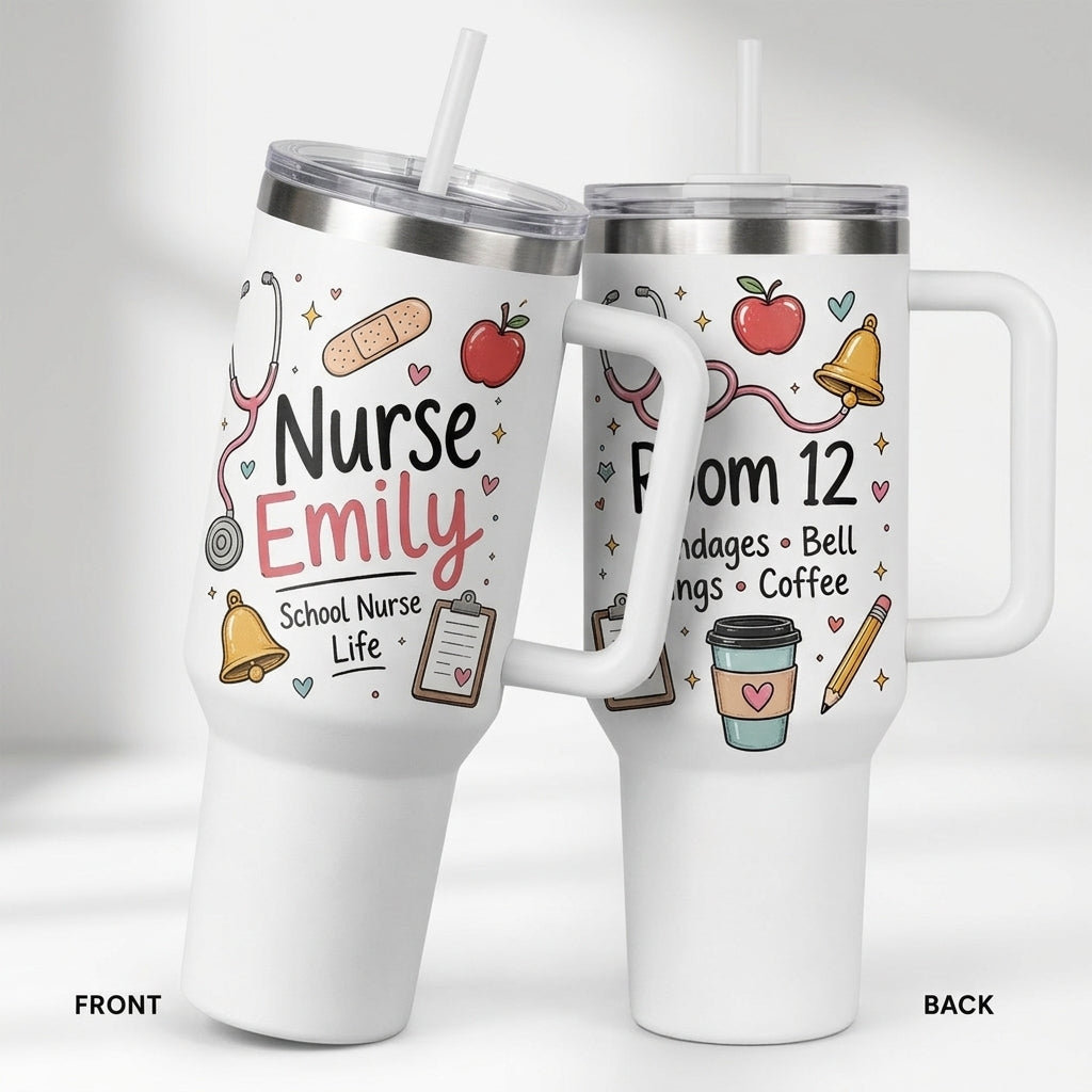 Personalized School Nurse 40oz Tumbler with Handle - Custom Name & Room Number Nurse Life Gift