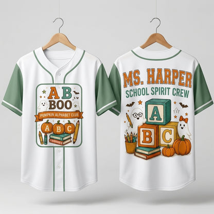 Personalized Teacher Halloween Baseball Jersey - Custom Name School Spirit Crew Pumpkin Alphabet Club Shirt