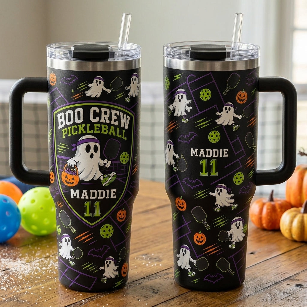 Personalized Boo Crew Pickleball Halloween Ghost 40oz Tumbler with Handle - Custom Name & Number Gift